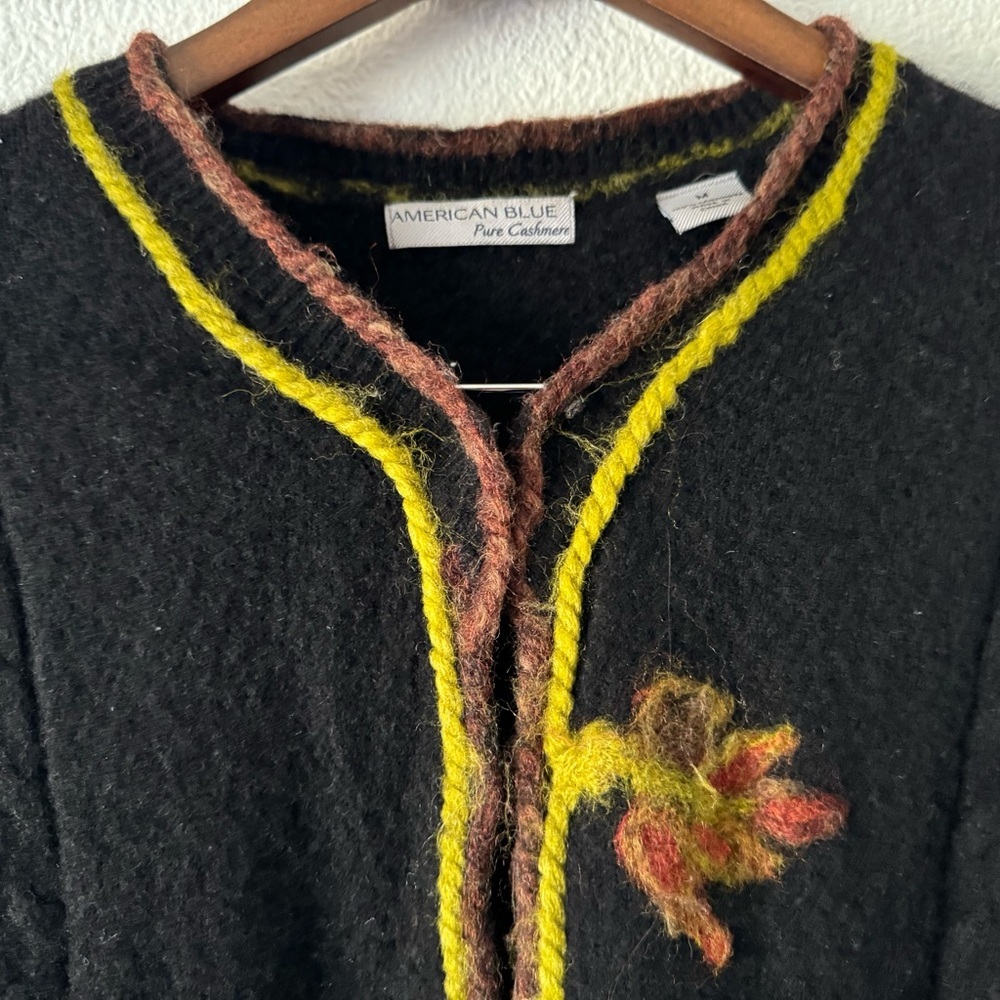 Cottagecore American Blue Pure Cashmere Felted Leaf Artisan Cardigan M Boho Chic - Picture 6 of 16